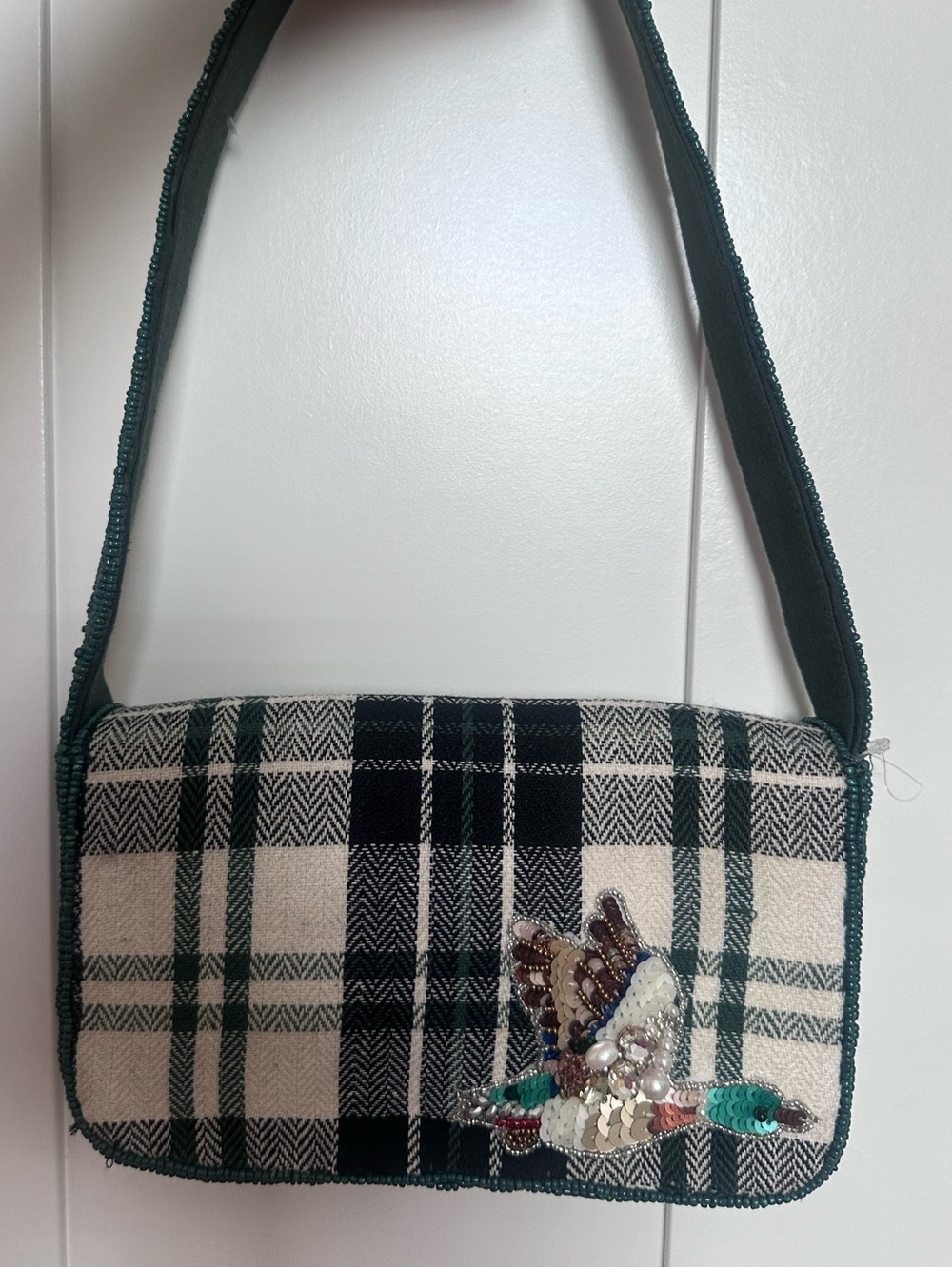 Anthropologie Plaid Sequin Bird Shoulder Bag - Green, Cream, Brown, Silver Fall - Picture 3 of 8